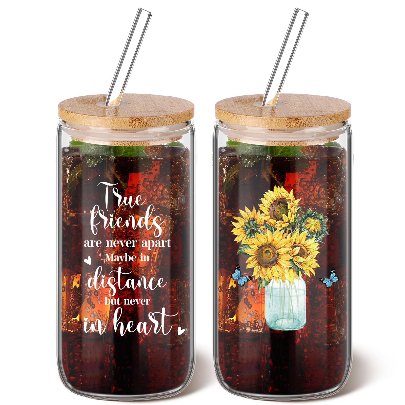 Karenhi Friend Gifts for Girls Women Friendship Gifts Birthday Gifts Sunflower Iced Coffee Cup Daisy Cup 16 Oz Can Coffee Glass with Bamboo Lids and Straw Thank You Gifts(Butterfly Style)