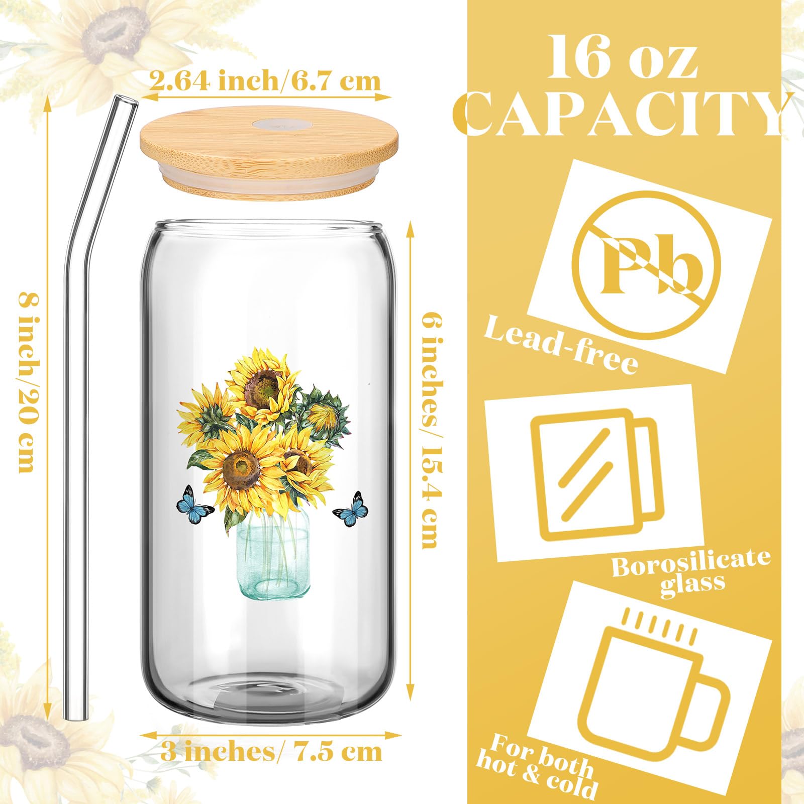 Karenhi Friend Gifts for Girls Women Friendship Gifts Birthday Gifts Sunflower Iced Coffee Cup Daisy Cup 16 Oz Can Coffee Glass with Bamboo Lids and Straw Thank You Gifts(Butterfly Style)