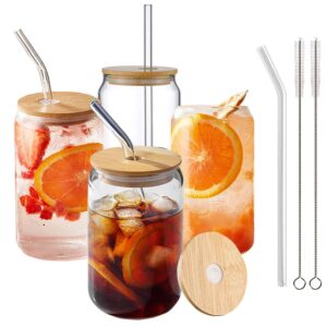 drinking glass cups with bamboo lid and glass straws – 16oz glasses bottle for soda boba, reuseable iced coffee tumbler mason jar, cute smoothie juice cup include cleaning brush (set of 4)