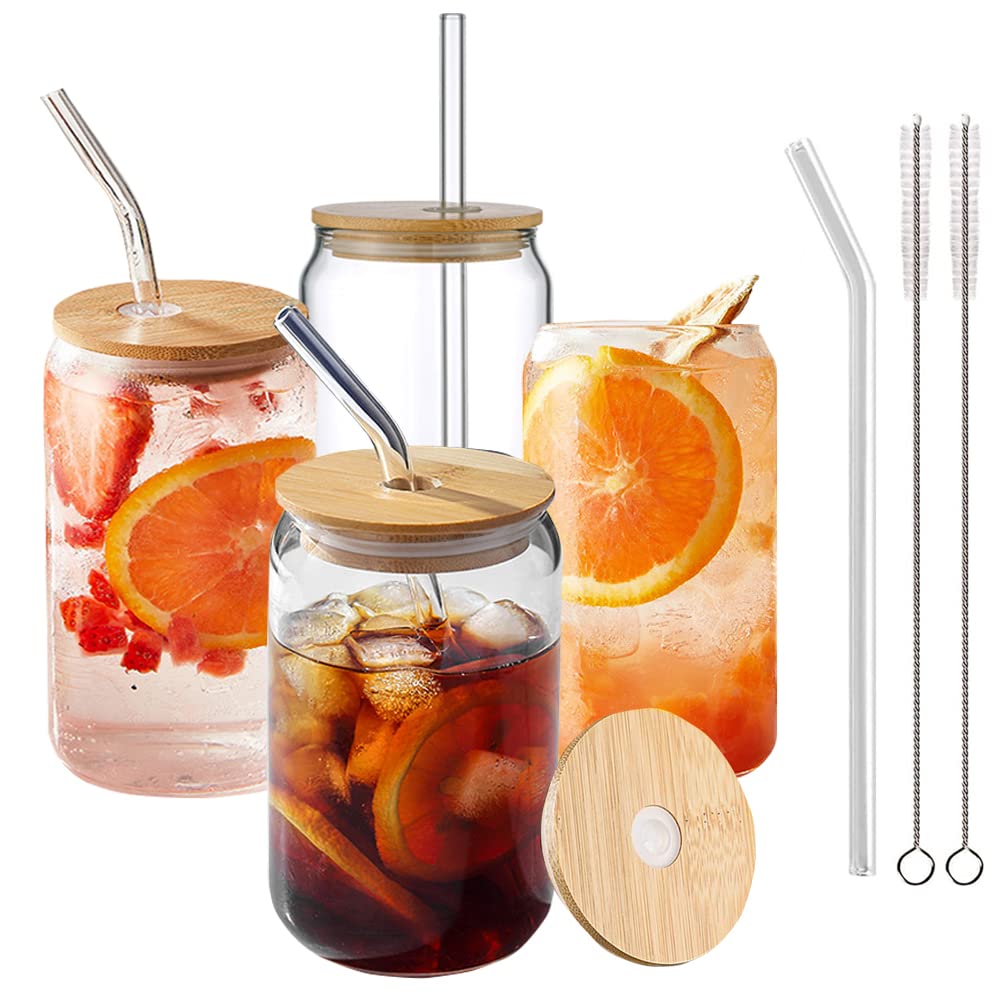 Drinking Glass Cups with Bamboo Lid and Glass Straws – 16oz Glasses Bottle for Soda Boba, Reuseable Iced Coffee Tumbler Mason Jar, Cute Smoothie Juice Cup Include Cleaning Brush (Set of 4)