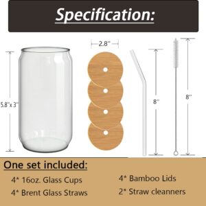 Drinking Glass Cups with Bamboo Lid and Glass Straws – 16oz Glasses Bottle for Soda Boba, Reuseable Iced Coffee Tumbler Mason Jar, Cute Smoothie Juice Cup Include Cleaning Brush (Set of 4)