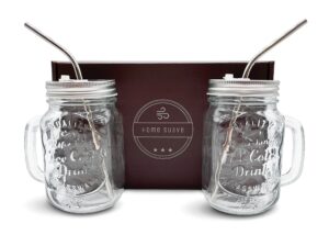 gift set mason jar mugs with handle, regular mouth colorful lids with 2 reusable stainless steel straw, set of 2 (silver), kitchen glass 16 oz jars,"refreshing ice cold drink" & dishwasher safe