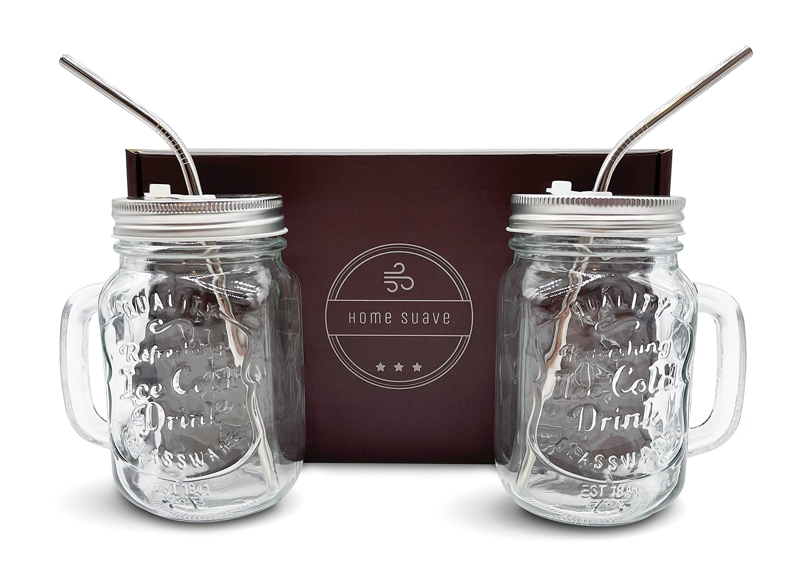 Gift Set Mason Jar Mugs with Handle, Regular Mouth Colorful Lids with 2 Reusable Stainless Steel Straw, Set of 2 (Silver), Kitchen GLASS 16 oz Jars,"Refreshing Ice Cold Drink" & Dishwasher Safe