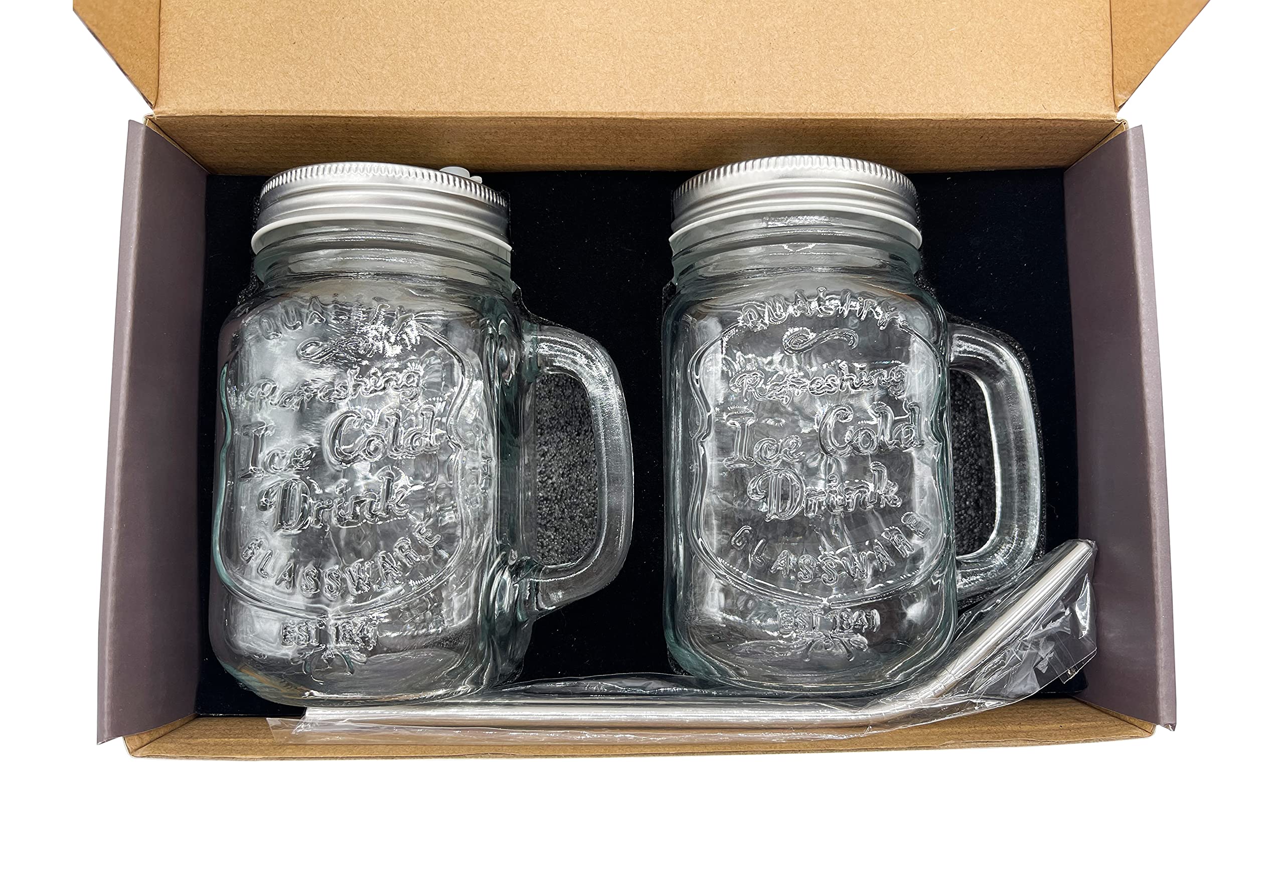 Gift Set Mason Jar Mugs with Handle, Regular Mouth Colorful Lids with 2 Reusable Stainless Steel Straw, Set of 2 (Silver), Kitchen GLASS 16 oz Jars,"Refreshing Ice Cold Drink" & Dishwasher Safe