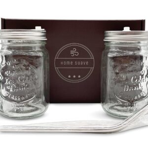 Gift Set Mason Jar Mugs with Handle, Regular Mouth Colorful Lids with 2 Reusable Stainless Steel Straw, Set of 2 (Silver), Kitchen GLASS 16 oz Jars,"Refreshing Ice Cold Drink" & Dishwasher Safe