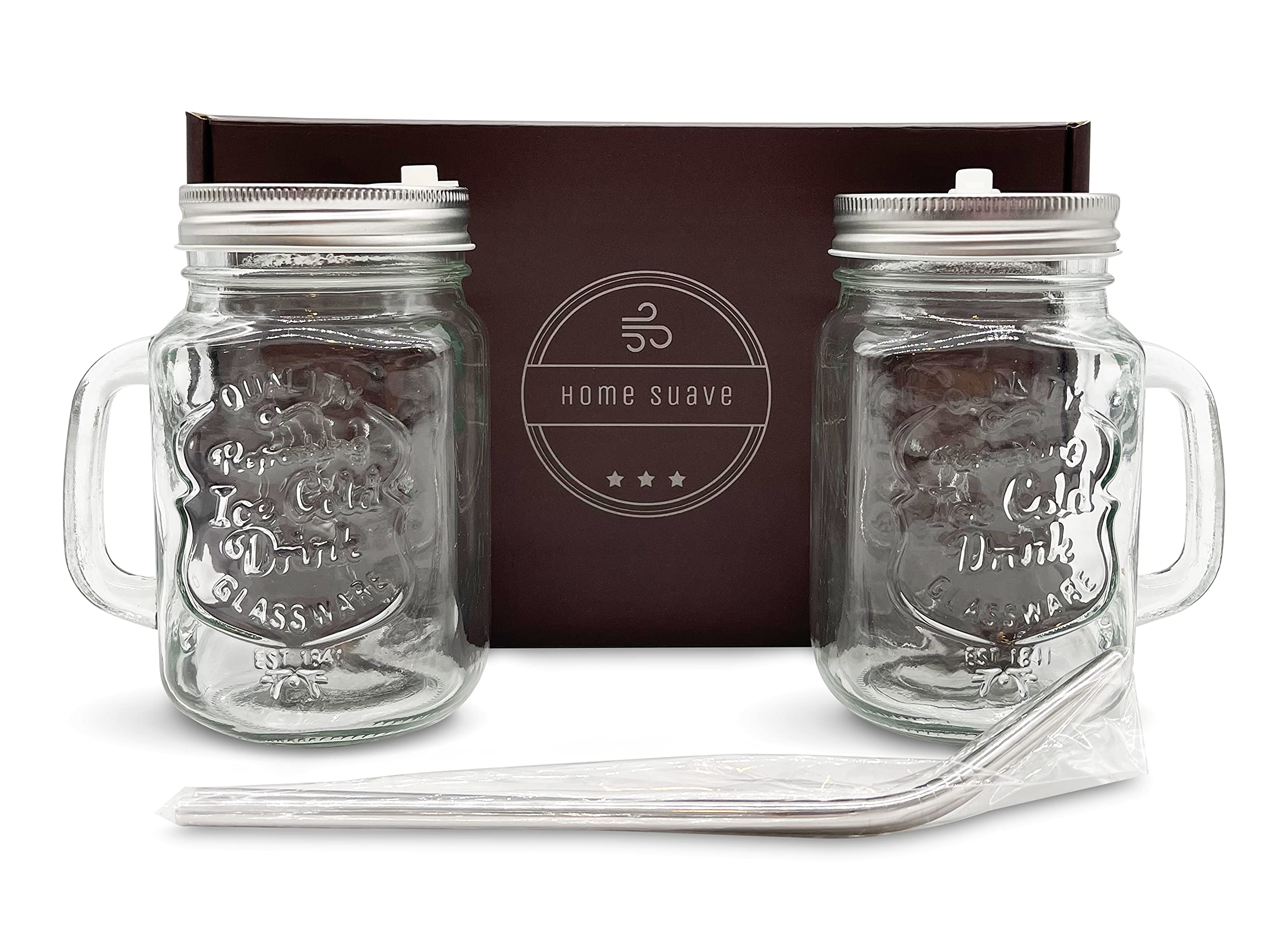 Gift Set Mason Jar Mugs with Handle, Regular Mouth Colorful Lids with 2 Reusable Stainless Steel Straw, Set of 2 (Silver), Kitchen GLASS 16 oz Jars,"Refreshing Ice Cold Drink" & Dishwasher Safe
