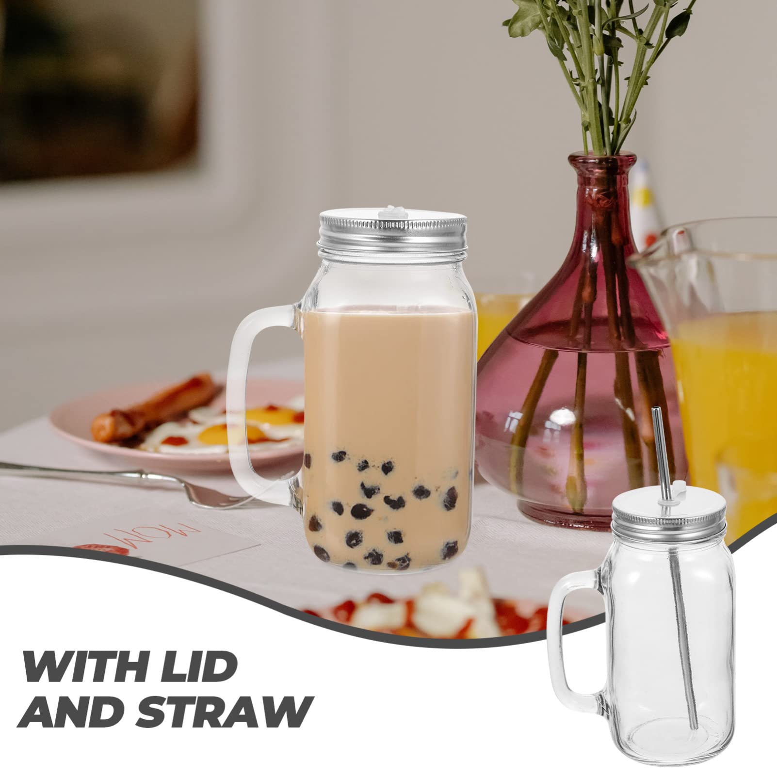 UPKOCH Mason Jar Mugs with Handles Lids and Straws Wide Mouth Clear Drinking Glass Bottle Set Old Fashioned Decorative Tumbler Cups for Coffee 750ml