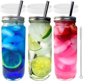 jarming collections reusable smoothie cups, multi-use glass bottles w/lids & straws, reusable iced coffee cups, juice bottles with bpa-free lids, slushie cup, tea cup, 16-oz