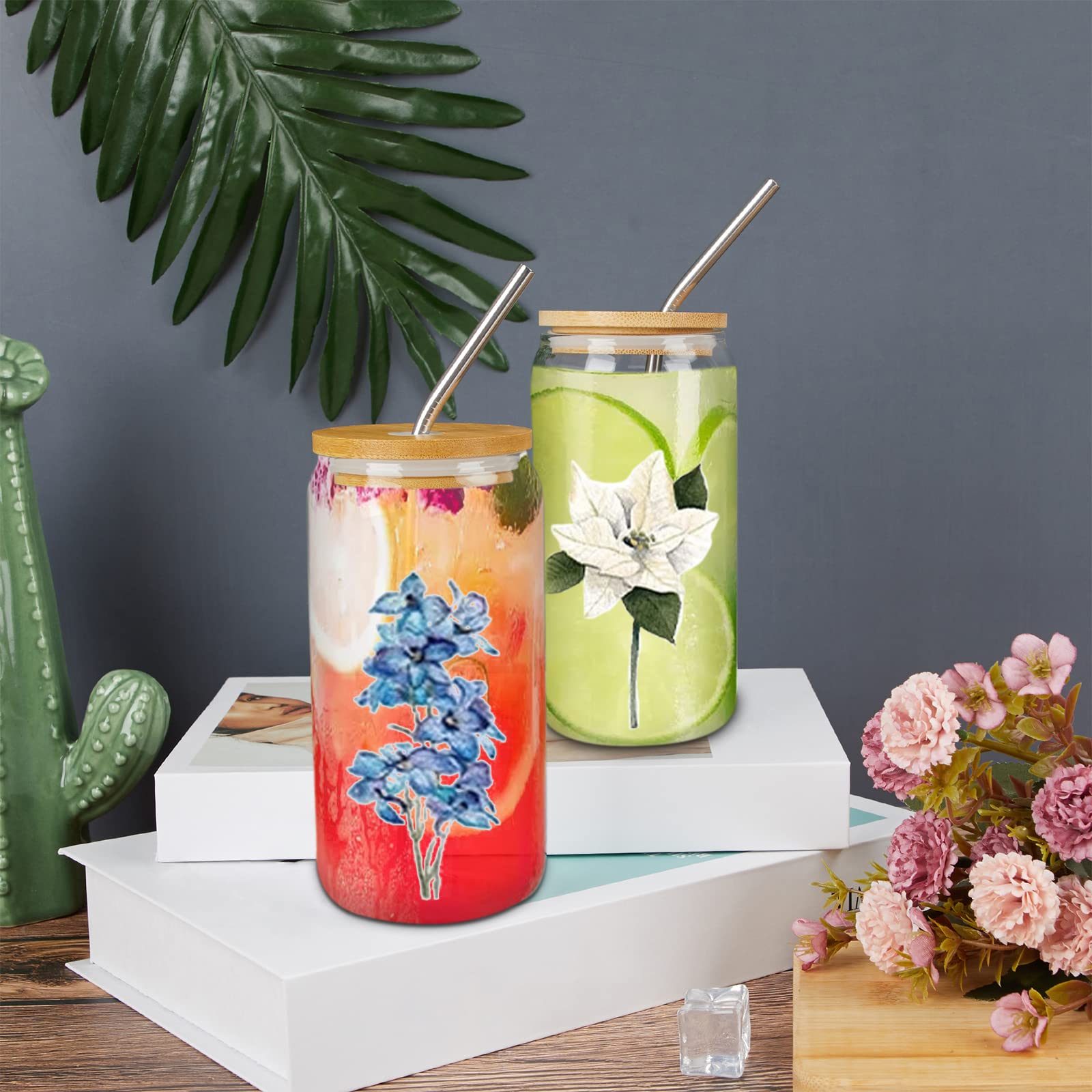 Custom Beer Can Glass Personalized Glass Tumbler Can Cup with Bamboo Lid and Straw Birth Flower Beer Cup Soda Can Glass Coffee Cup Glass Unique Drinking Glass Iced Tea Glass Smoothie to Go Cup