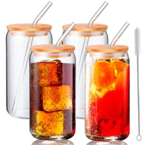 transparent glass cups with bamboo lids and glass straw, 4pcs 16oz can shaped glass cups, beer glasses, iced coffee glasses, cute tumbler cup, ideal for cocktail, whiskey, bonus 2 cleaning brushes