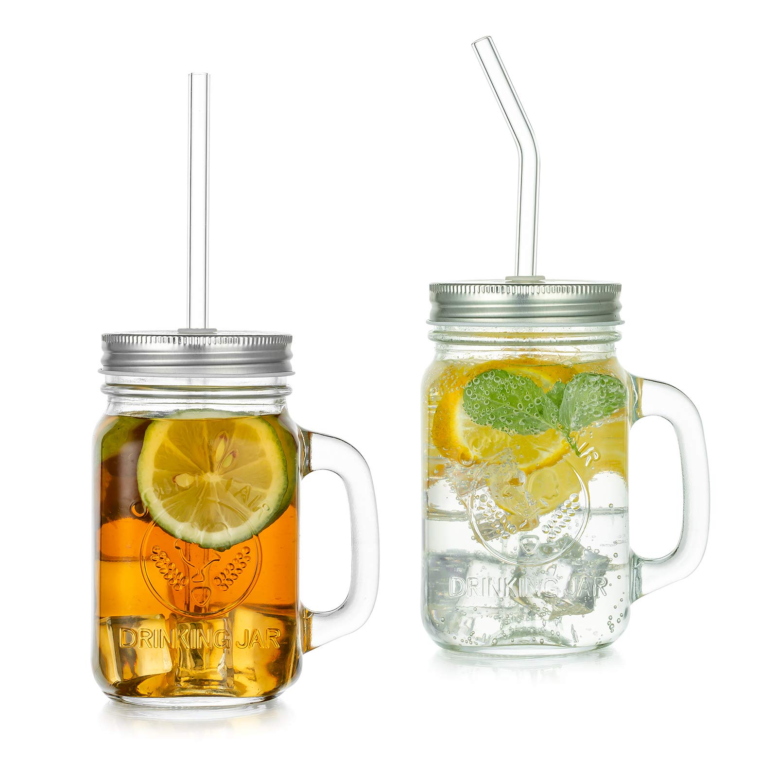 2PCS Mason Jar Lids 17OZ Straw Hole with 3 Reusable Glass Straw, 1 Cleaning Brush Mason Jar Drinking Lids and Straw Boba Cups Coffee Mug Wide Mouth Mason Jars