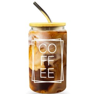 bftetyu 16oz iced coffee cup with bamboo lids and straw, beer can shaped glass mason jar cups, coffee glass can shaped drinking glasse, cute glass cup for boba, water, smoothie, tea