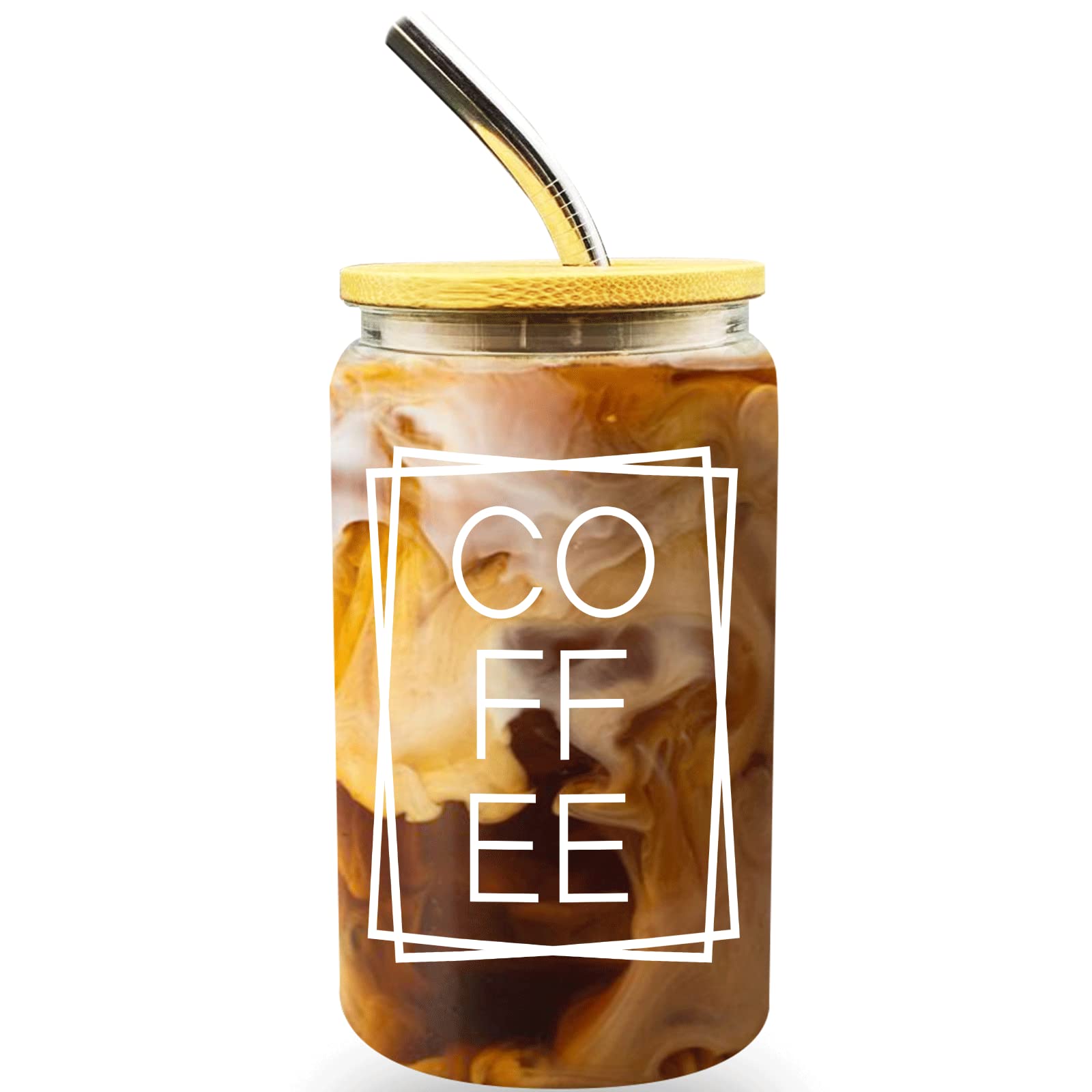 BFTETYU 16oz Iced Coffee Cup with Bamboo Lids and Straw, Beer Can Shaped Glass Mason Jar Cups, Coffee Glass Can Shaped Drinking Glasse, Cute Glass Cup for Boba, Water, Smoothie, Tea