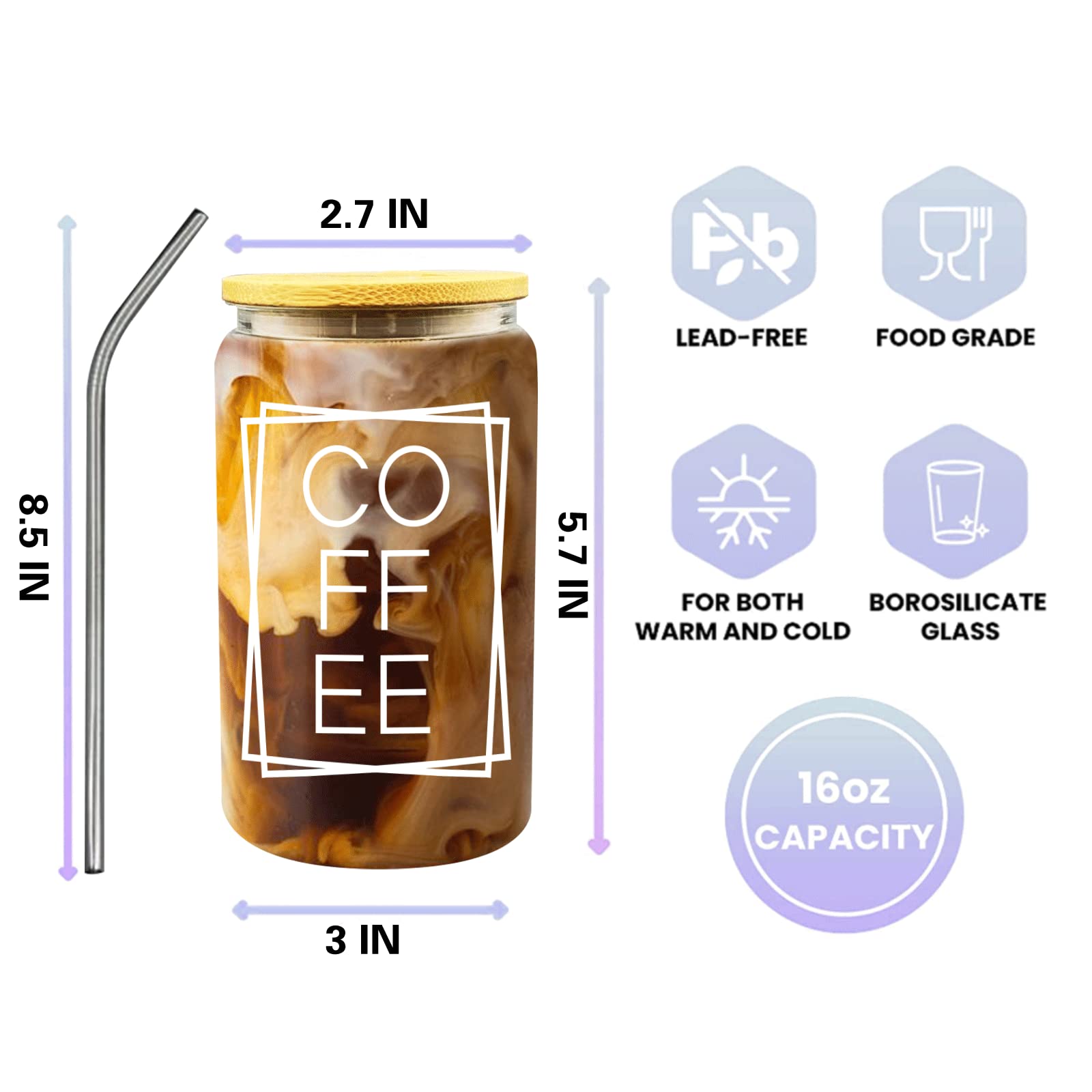BFTETYU 16oz Iced Coffee Cup with Bamboo Lids and Straw, Beer Can Shaped Glass Mason Jar Cups, Coffee Glass Can Shaped Drinking Glasse, Cute Glass Cup for Boba, Water, Smoothie, Tea