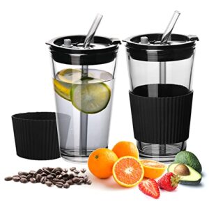 glass tumbler with lid and straw, leakproof glass cups with lids and straws, 3-way to drink drinking glasses, iced coffee cup silicone sleeve smoothie cup, boba cup for travel office picnic (black)
