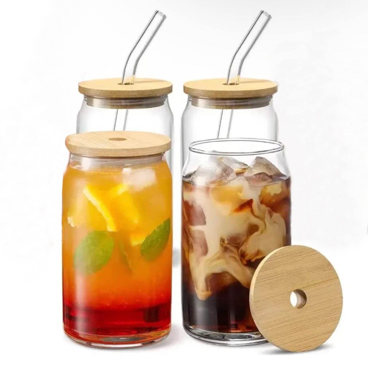 Drinking Glasses with Bamboo Lids and Glass Straw, 4Pcs Cute Tumbler Cup 16oz Can Shaped, Glass Cup, Ideal for: Beer, Iced Coffee, Cocktails, Soda & more, with 2 cleaning brushes.