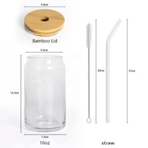 Drinking Glasses with Bamboo Lids and Glass Straw, 4Pcs Cute Tumbler Cup 16oz Can Shaped, Glass Cup, Ideal for: Beer, Iced Coffee, Cocktails, Soda & more, with 2 cleaning brushes.