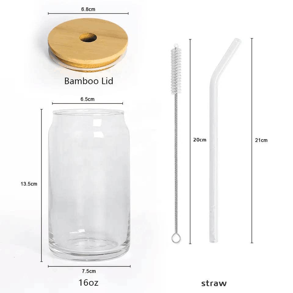 Drinking Glasses with Bamboo Lids and Glass Straw, 4Pcs Cute Tumbler Cup 16oz Can Shaped, Glass Cup, Ideal for: Beer, Iced Coffee, Cocktails, Soda & more, with 2 cleaning brushes.