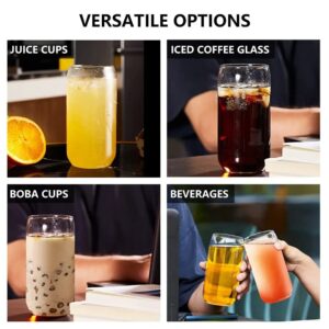 Drinking Glasses with Bamboo Lids and Glass Straw, 4Pcs Cute Tumbler Cup 16oz Can Shaped, Glass Cup, Ideal for: Beer, Iced Coffee, Cocktails, Soda & more, with 2 cleaning brushes.