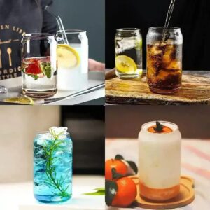 Drinking Glasses with Bamboo Lids and Glass Straw, 4Pcs Cute Tumbler Cup 16oz Can Shaped, Glass Cup, Ideal for: Beer, Iced Coffee, Cocktails, Soda & more, with 2 cleaning brushes.