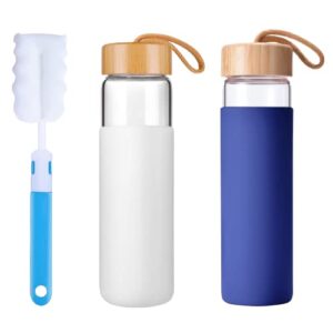 yomious 20oz bundle with 25oz glass water bottle with bamboo lid and silicone sleeve – reusable bpa free – glass drinking bottle with lids