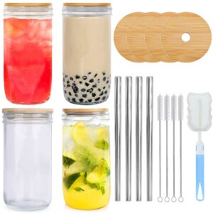 ufritan 4 pack glass cups set, 24oz wide mouth smoothie drinking glasses w bamboo lids & straws, cute reusable boba bottle, iced coffee jar, travel tumbler for bubble tea, juice, soda, cocktail
