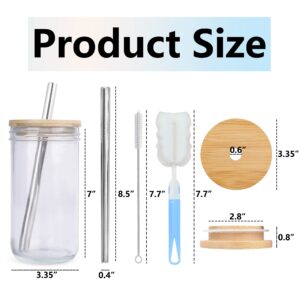 UFRITAN 4 Pack Glass Cups Set, 24oz Wide Mouth Smoothie Drinking Glasses w Bamboo Lids & Straws, Cute Reusable Boba Bottle, Iced Coffee jar, Travel Tumbler for Bubble Tea, Juice, Soda, Cocktail