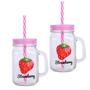 Mason Jar 15oz/450mL with Lid & Straw Drinking Glasses Printed Strawberry - Set of 2