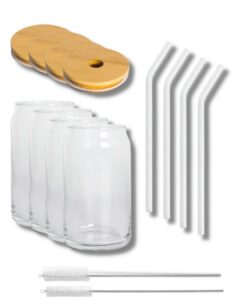 4 pack crystal clear beer glass can with bamboo lids glass straw and brush cleaner- reusable eco friendly heat and cold resistant glass, cocktail, tumbler, beer glass