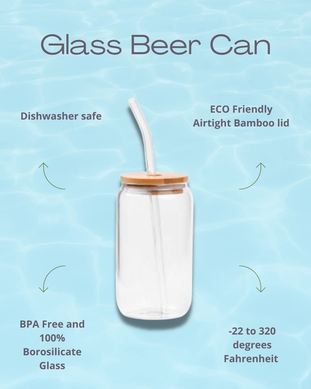 4 Pack Crystal Clear Beer Glass Can with Bamboo Lids Glass Straw and Brush Cleaner- Reusable Eco Friendly Heat and Cold Resistant Glass, Cocktail, Tumbler, Beer Glass
