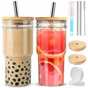 MARKKEER 2 Pack Glass Cups with Lids and Straws, 24 oz Reusable Boba Cup Iced Coffee Smoothie Tumbler Mason Jars for Bubble Tea, Beer, Juice