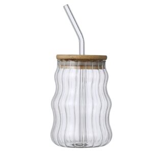 bfydoaa drinking glass cup with bamboo lid and straw, 17oz striped tumbler cups can shape glasses for water juice tea wine soda iced coffee