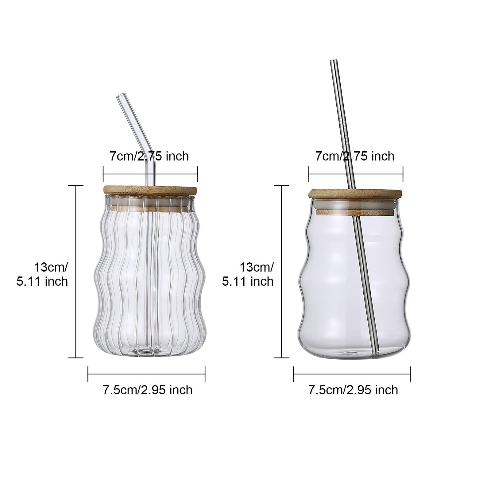 BFYDOAA Drinking Glass Cup with Bamboo Lid and Straw, 17oz Striped Tumbler Cups Can Shape Glasses for Water Juice Tea Wine Soda Iced Coffee