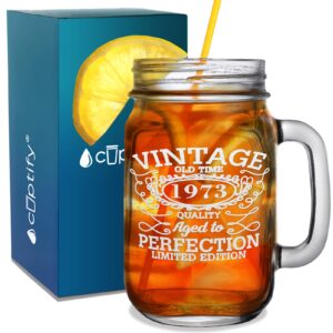 cuptify 50th birthday gift for women and men vintage 50 years old time 1973 etched mason jar glass 16 oz drinking glasses with handle