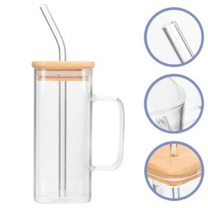 Hemoton Drinking Glasses with Wood Lids Beverage Tumbler Cup with 400ml Water with Handle Juice Cups Tall Drinking Glasses for Juice Milk Smoothie Coffee