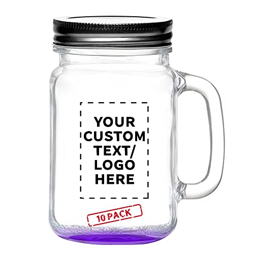 10 Libbey Handle Mason Jars with Lids Set, 16 oz. - Personalized Text, Logo - Traditional style, Drinking, Glassware - Purple