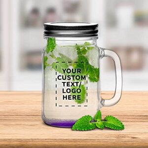 10 Libbey Handle Mason Jars with Lids Set, 16 oz. - Personalized Text, Logo - Traditional style, Drinking, Glassware - Purple