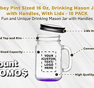 10 Libbey Handle Mason Jars with Lids Set, 16 oz. - Personalized Text, Logo - Traditional style, Drinking, Glassware - Purple