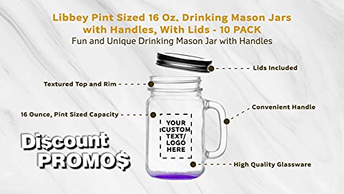 10 Libbey Handle Mason Jars with Lids Set, 16 oz. - Personalized Text, Logo - Traditional style, Drinking, Glassware - Purple