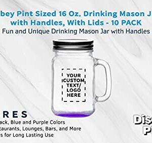 10 Libbey Handle Mason Jars with Lids Set, 16 oz. - Personalized Text, Logo - Traditional style, Drinking, Glassware - Purple