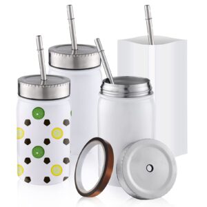 4 pack sublimation blanks tumbler (& preparation kit incl 4 stainless steel tumblers with lids, metal straws, x4 sublimation shrink wrap & tape. for hot or cold beverages (170z mason jar)