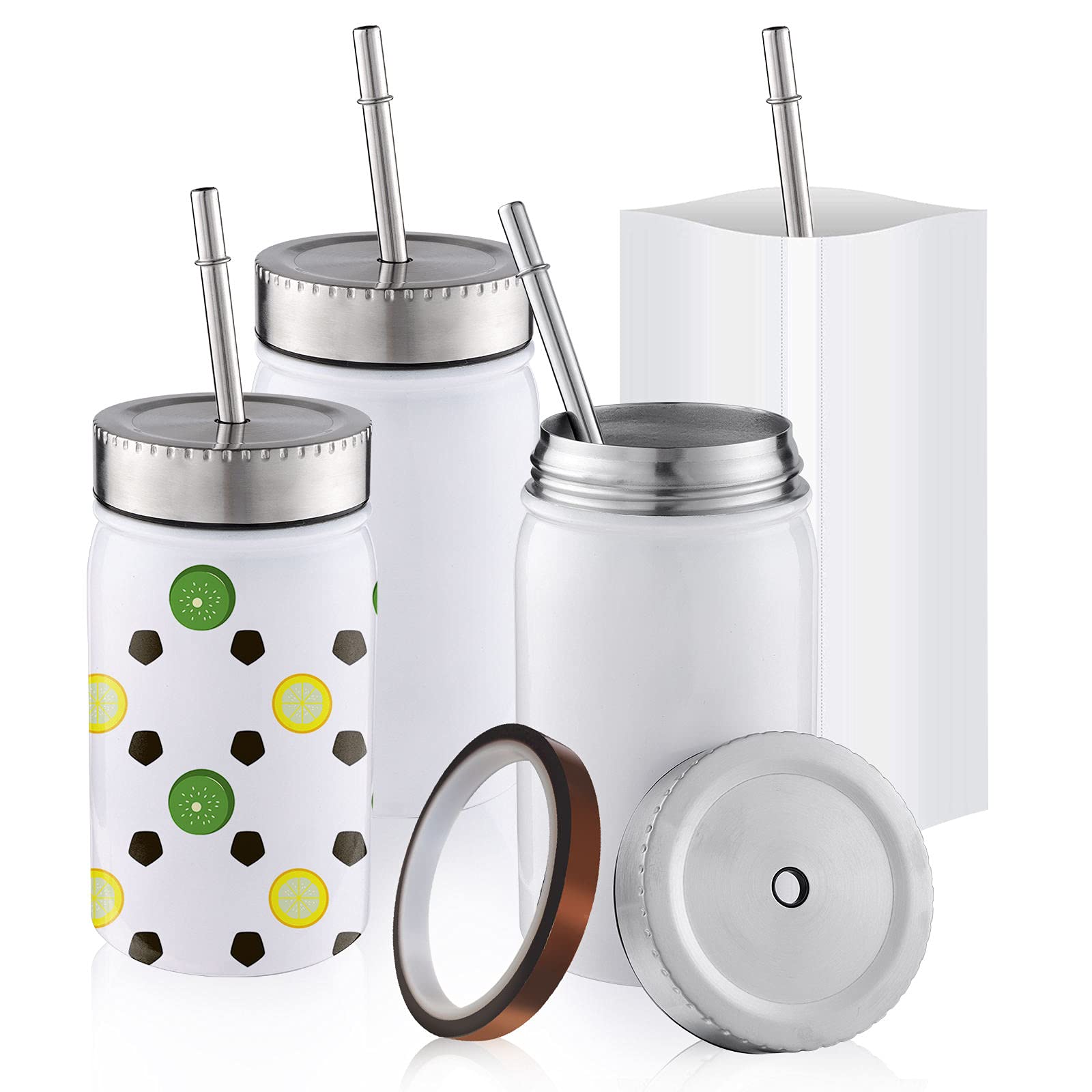 4 Pack Sublimation Blanks Tumbler (& Preparation kit Incl 4 Stainless Steel tumblers with lids, Metal Straws, x4 Sublimation Shrink wrap & Tape. for hot or Cold Beverages (170z Mason Jar)