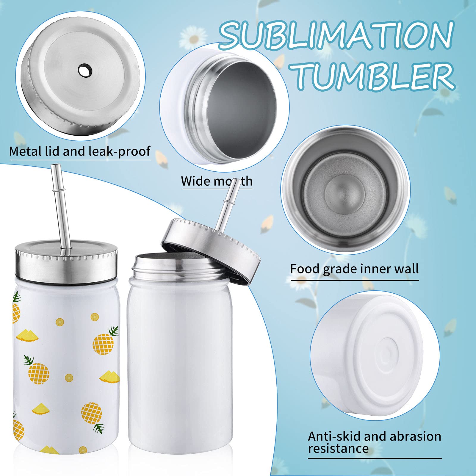 4 Pack Sublimation Blanks Tumbler (& Preparation kit Incl 4 Stainless Steel tumblers with lids, Metal Straws, x4 Sublimation Shrink wrap & Tape. for hot or Cold Beverages (170z Mason Jar)