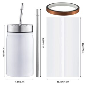 4 Pack Sublimation Blanks Tumbler (& Preparation kit Incl 4 Stainless Steel tumblers with lids, Metal Straws, x4 Sublimation Shrink wrap & Tape. for hot or Cold Beverages (170z Mason Jar)