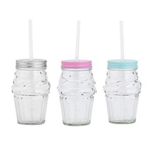 amici home ice cream mason jar | set of 3 | glass drinking jar with assorted lids and reusable straw | 16 ounce capacity | drinkware for ice cream and summer beverages