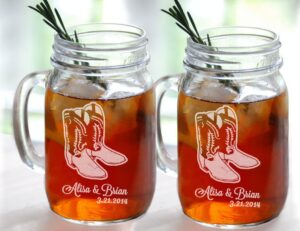 set of 2 cowboy boot wedding personalized mugs mason jar glasses wedding party country western barn wedding bridesmaid groomsmen gifts favors