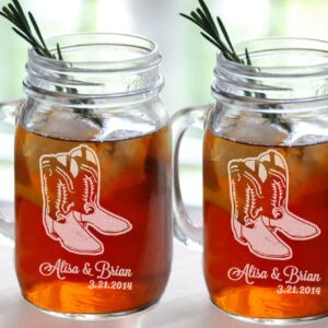 Set of 2 Cowboy Boot Wedding Personalized Mugs Mason Jar Glasses Wedding Party Country Western Barn Wedding Bridesmaid Groomsmen Gifts Favors