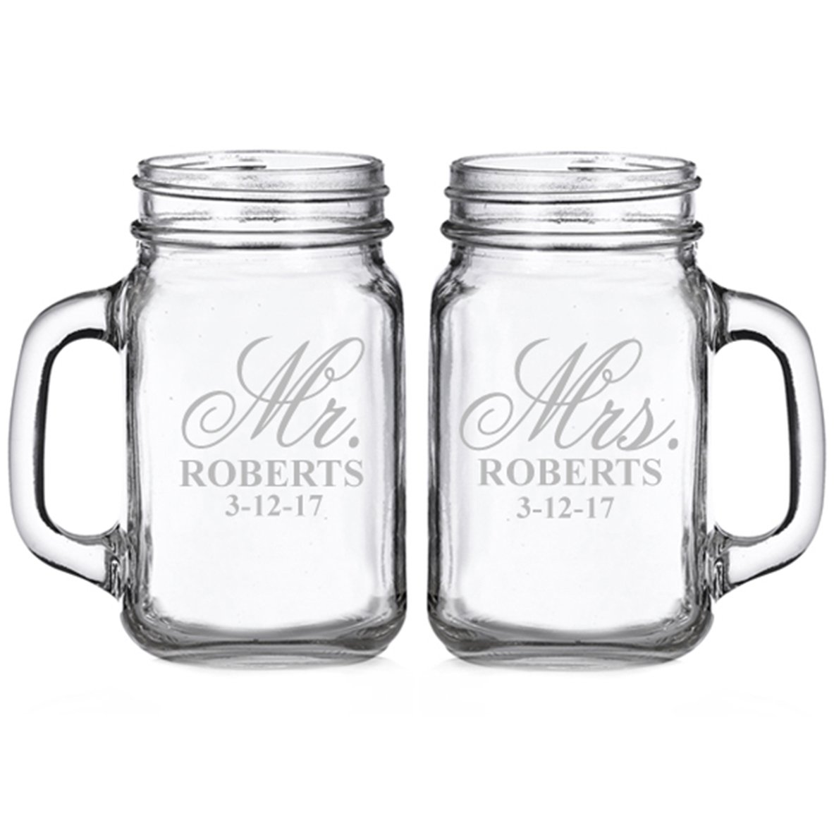 Mr. and Mrs. Elegant Script Personalized Glass Mason Mugs (set of 2)