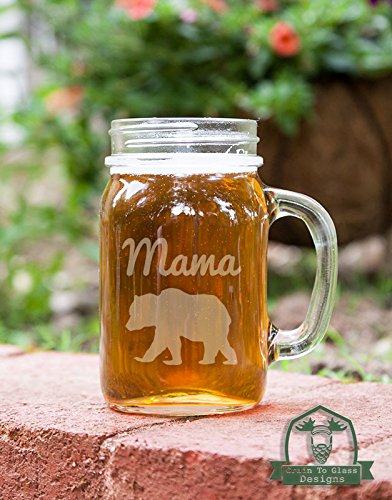 Mama Bear Etched Glass 16 Ounce Mason Handled Jar Mug Glassware Gift