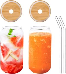 urmagic drinking glasses with bamboo lids and glass straw,2 pcs 16oz can shaped glass cups,beer glasses,iced coffee glasses,glass waster tumbler,glass drink cup,clear glass cup for cocktail, whiskey